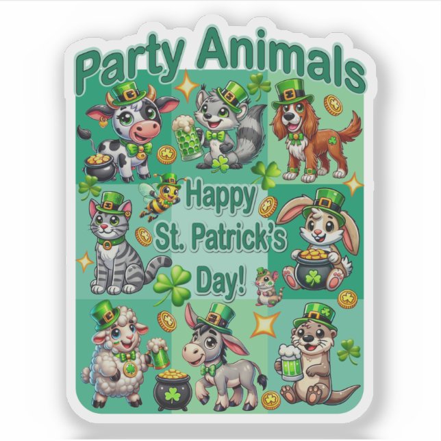St. Patrick's Day Fun and Adorable "Party Animals" Sticker (Front)