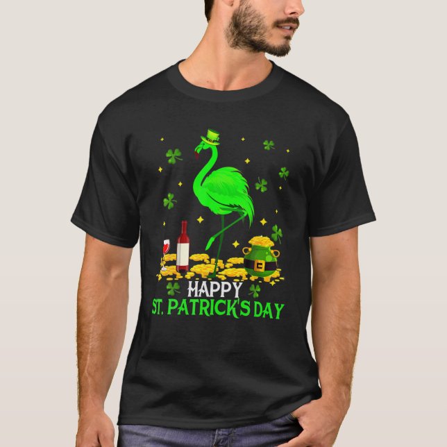 St. Patrick's Day Funny Green Flamingo Drinking Wi T-Shirt (Front)