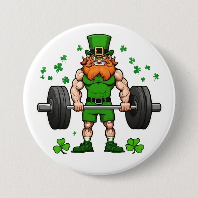 St. Patrick's Day Funny Leprechaun Barbell Gym Button (Front)