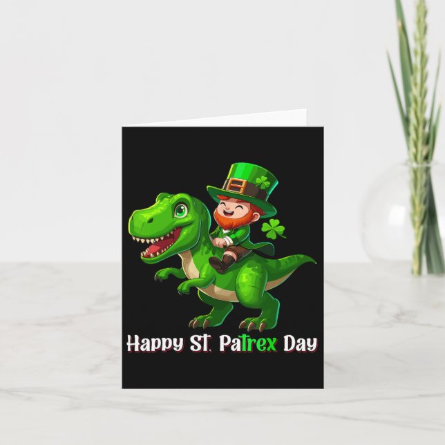 St Patricks Day Funny Leprechaun Riding Dino T Rex Card (Front)