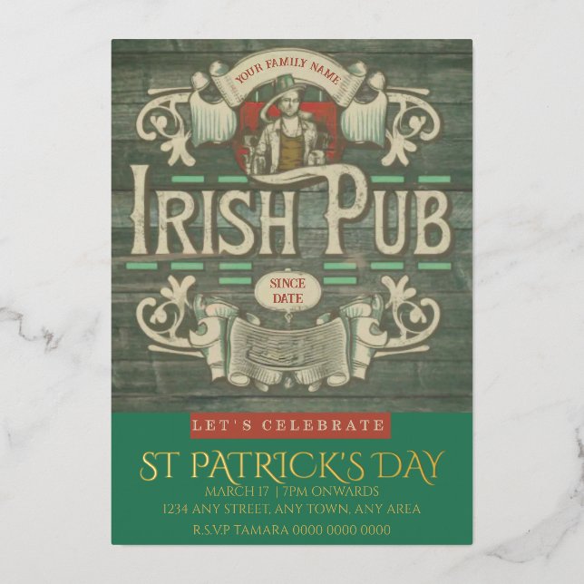 St Patrick's Day Funny Personalized Irish Pub  Foil Invitation (Front)