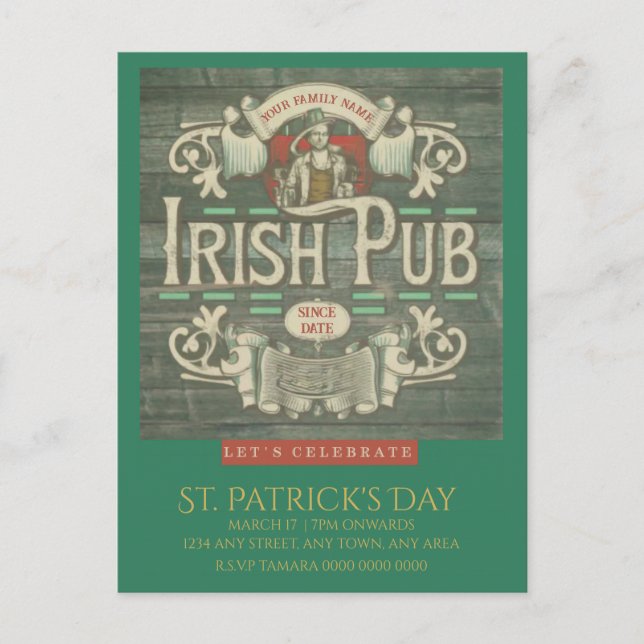 St Patrick's Day Funny Personalized Irish Pub  Postcard (Front)