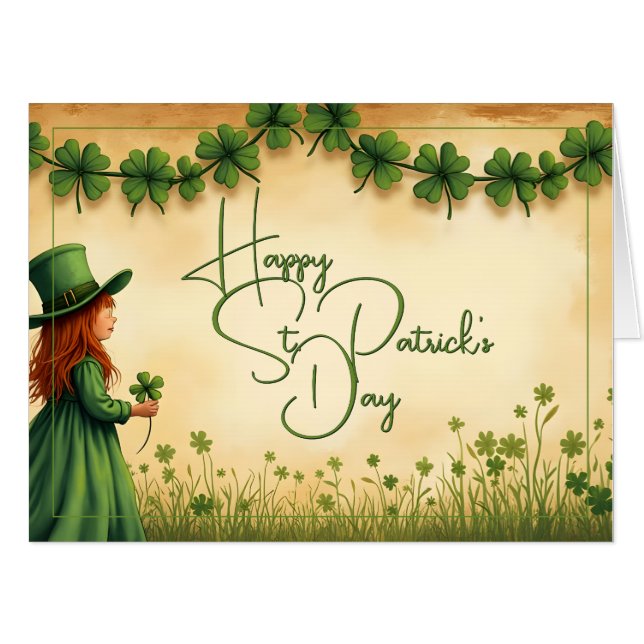St. Patrick's Day Girl with Shamrocks Card (Front Horizontal)