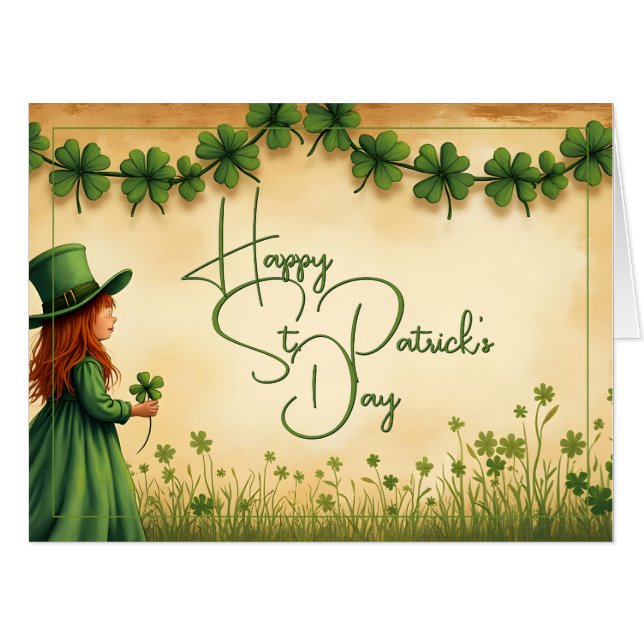 St. Patrick's Day Girl with Shamrocks Card (Front Horizontal)
