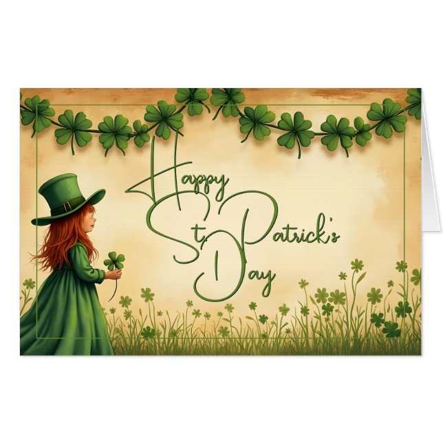 St. Patrick's Day Girl with Shamrocks Card (Front Horizontal)