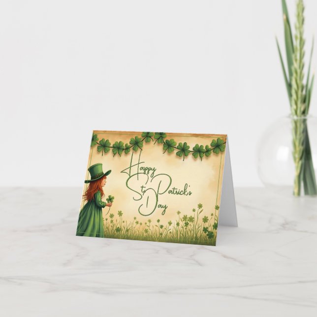St. Patrick's Day Girl with Shamrocks Card (Front)