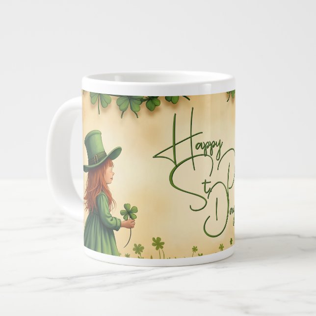 St. Patrick's Day Girl with Shamrocks Giant Coffee Mug (Front Left)