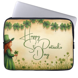 St. Patrick's Day Girl with Shamrocks Laptop Sleeve