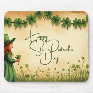 St. Patrick's Day Girl with Shamrocks Mouse Pad