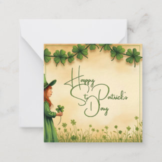 St. Patrick's Day Girl with Shamrocks Note Card