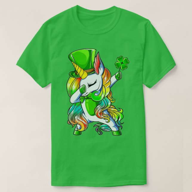 St Patrick's Day Girls Dabbing Unicorn Leprechaun  T-Shirt (Design Front)