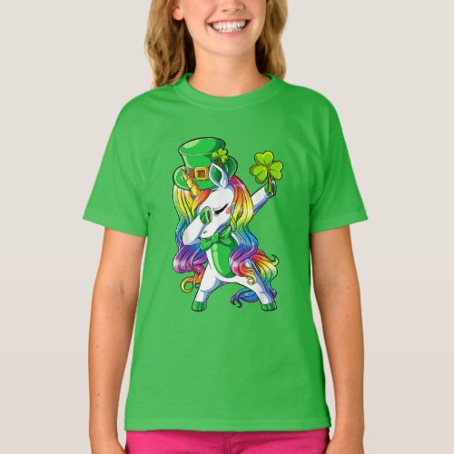 St Patricks Day Girls Dabbing Unicorn Leprechaun T_Shirt