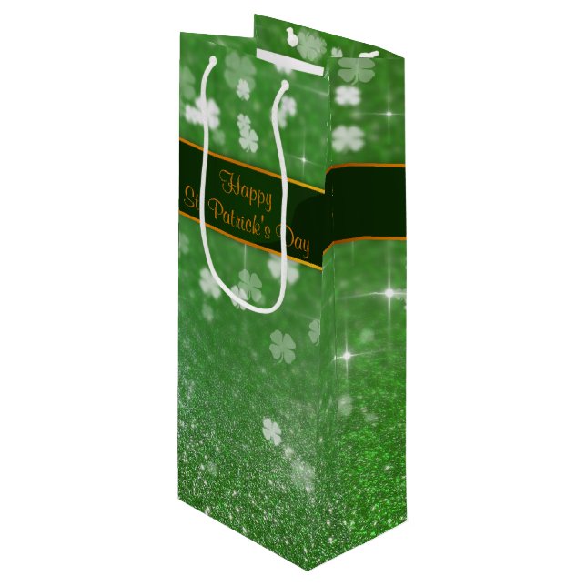 St. Patrick's Day Glitter Shamrock Wine Gift Bag (Front Angled)