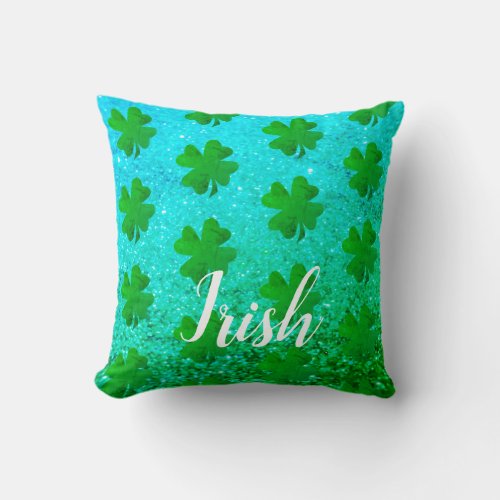 St Patricks Day Glittery Blue Green Shamrock Leaf Throw Pillow