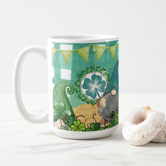 St. Patrick's Day Gnome And Shamrock Design Coffee Mug (With Donut)