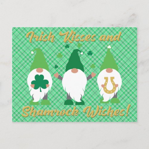 St Patricks Day Gnome Kisses and Shamrock Postcard