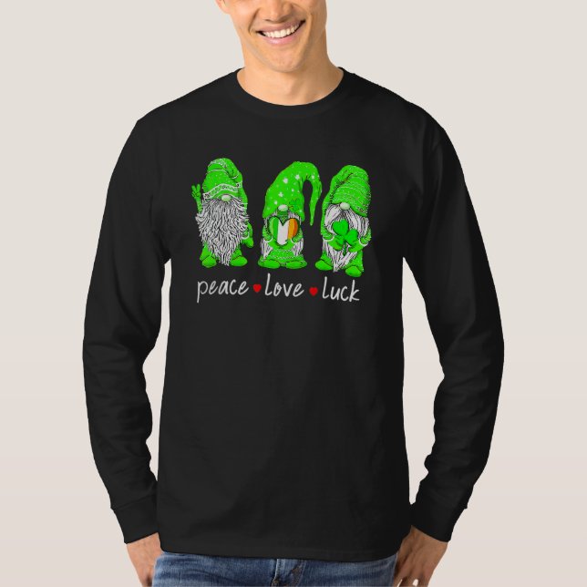 St Patrick's Day Gnome Peace Love Luck Heart Shamr T-Shirt (Front)