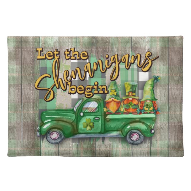 St. Patrick's Day Gnomes In Truck Shenanigans Cloth Placemat (Front)
