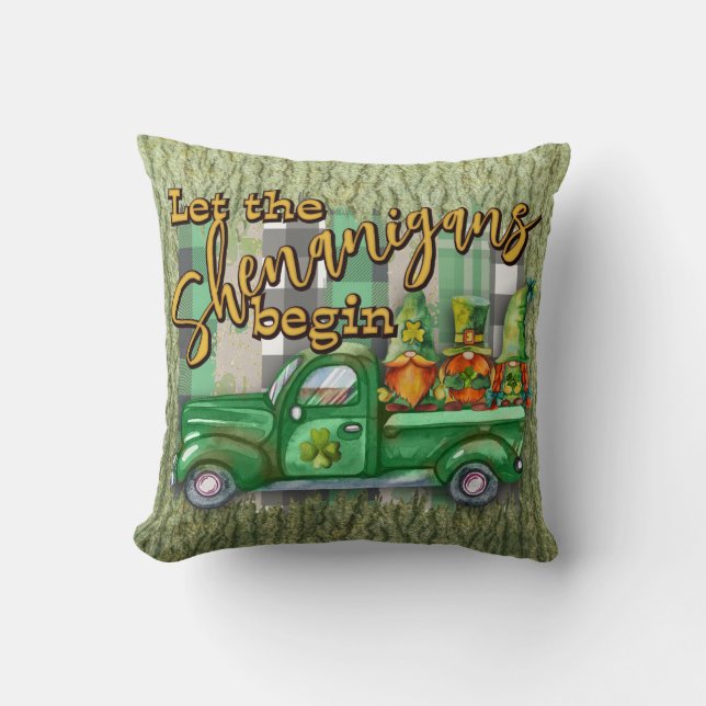 St. Patrick's Day Gnomes In Truck Shenanigans  Throw Pillow (Front)