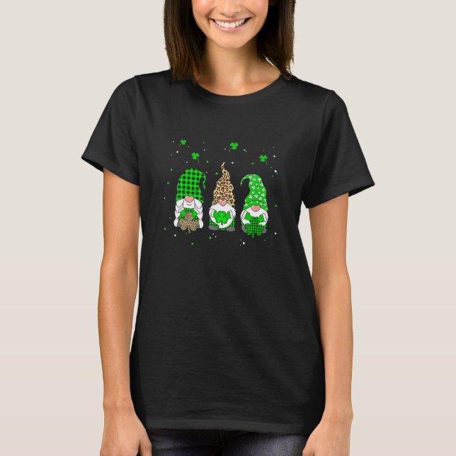 St Patricks Day Gnomes Leaf Cover Leopard Plaid T-Shirt (Front)