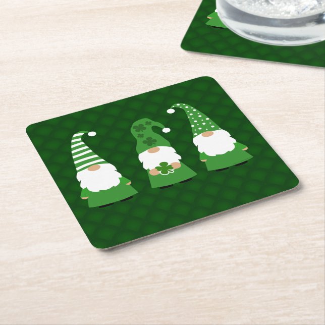 St Patricks Day Gnomes Square Paper Coaster (Angled)