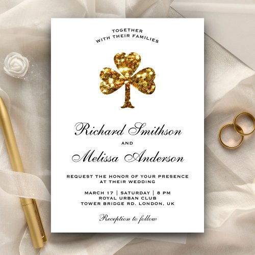 St Patricks Day Gold Clover Wedding Invitation