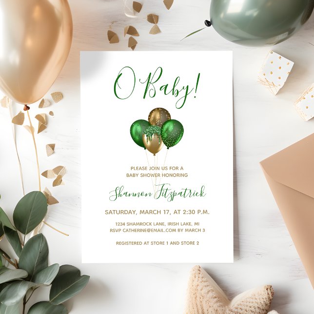 St. Patrick's Day Gold Green Balloons Baby Shower Invitation (Creator Uploaded)