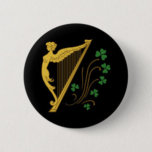 St Patrick's Day Gold Harp and Shamrocks Button