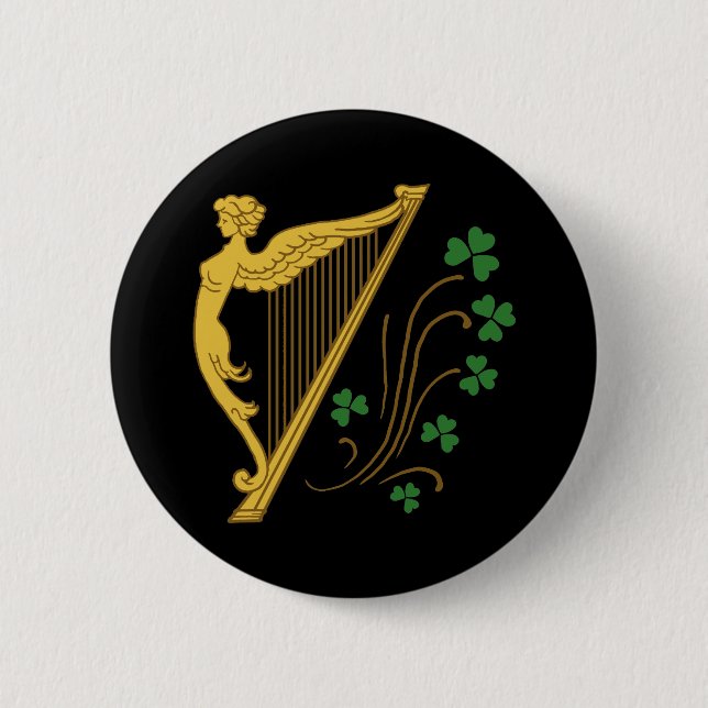 St Patrick's Day Gold Harp and Shamrocks Button (Front)