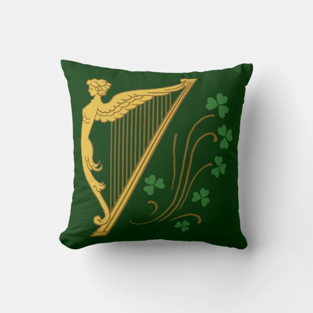 St Patrick's Day Gold Harp and Shamrocks Throw Pillow (Front)