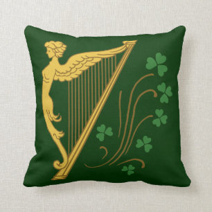 St Patrick's Day Gold Harp and Shamrocks Throw Pillow