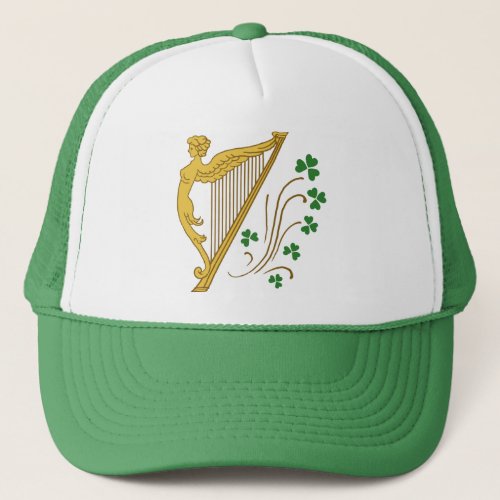 St Patricks Day Gold Harp and Shamrocks Trucker Hat