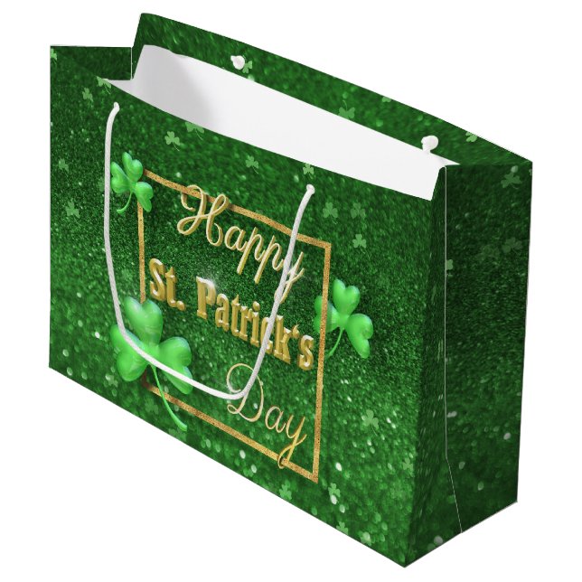 St. Patrick's Day Gold Shamrock Large Gift Bag (Front Angled)