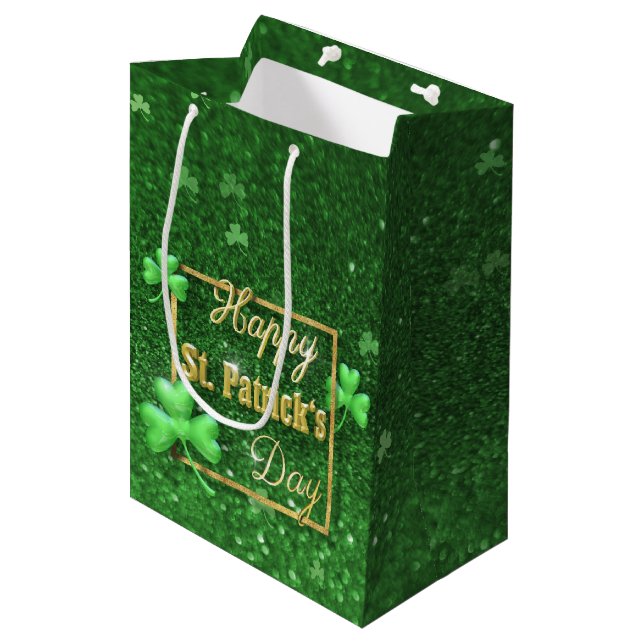 St. Patrick's Day Gold Shamrock Medium Gift Bag (Front Angled)
