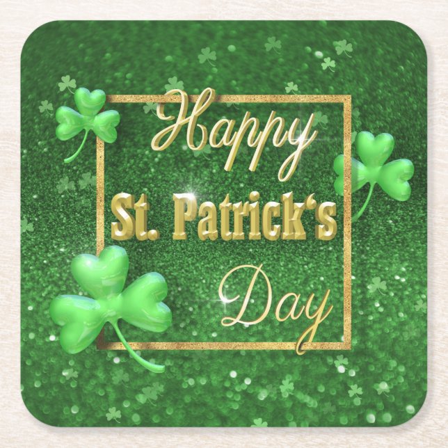 St. Patrick's Day Gold Shamrock Square Paper Coaster (Front)