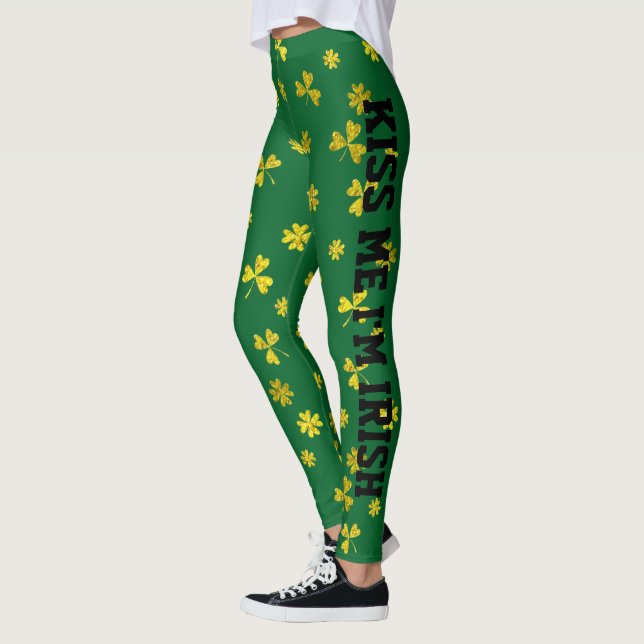St Patrick's Day Gold Shamrocks Kiss Me I'm Irish Leggings (Left)