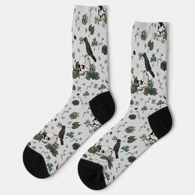 St Patrick's Day Gray & Green Skulls & Roses Socks (Left)