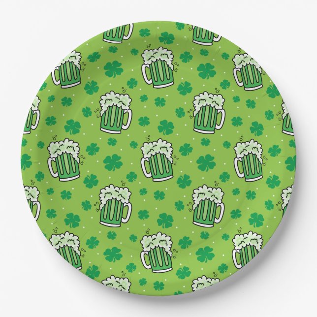 St Patrick's Day Green Beer Pattern Paper Plates (Front)