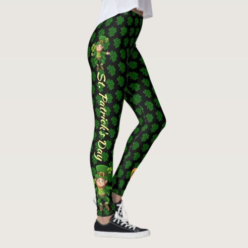 St Patricks Day Green  Black Personalize Text Leggings