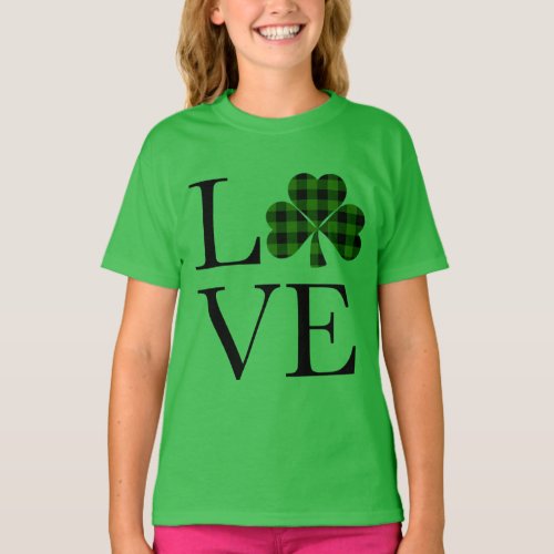 StPatricks day green black plaid clover love T_Shirt