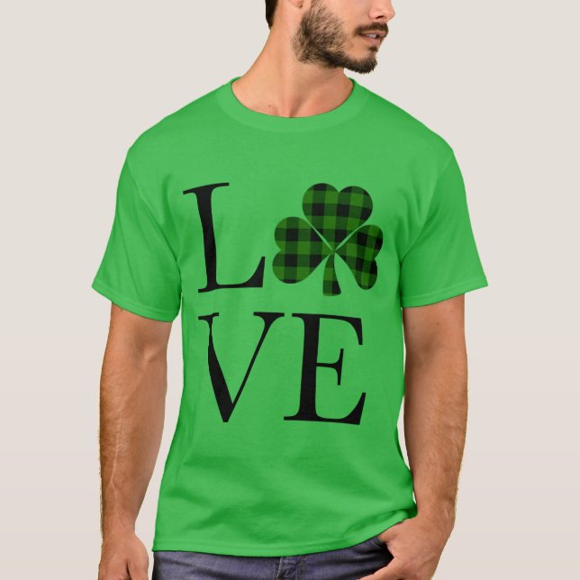 St.Patricks day green black plaid clover love T-Shirt (Front)