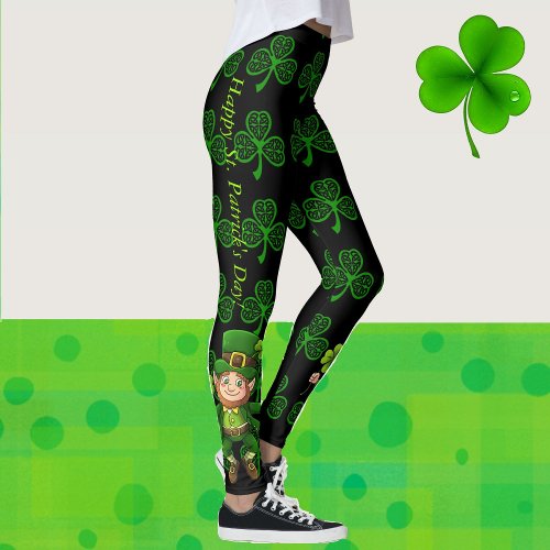 St Patricks Day Green  Black Shamrocks Pattern  Leggings