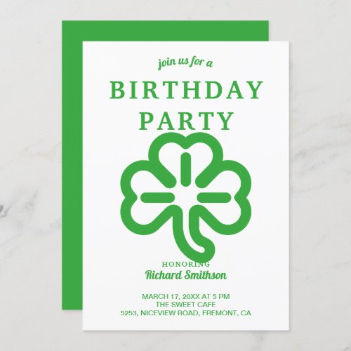 St Patricks Day Green Clover Birthday Party Invitation