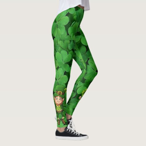 St Patricks Day Green Clover Dancing Leprechaun Leggings