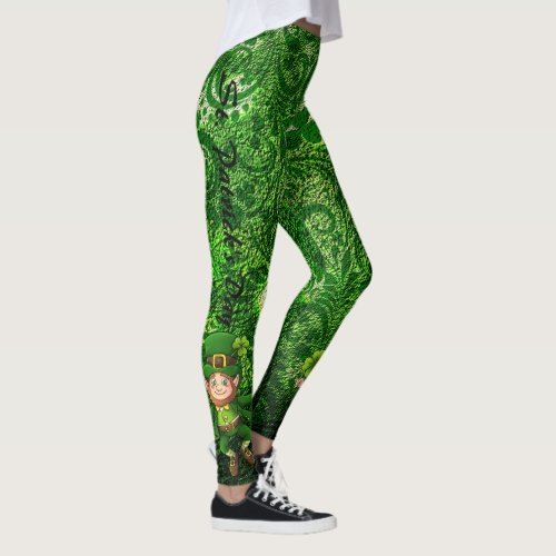 St Patricks Day Green Clover Personalize Text Leggings