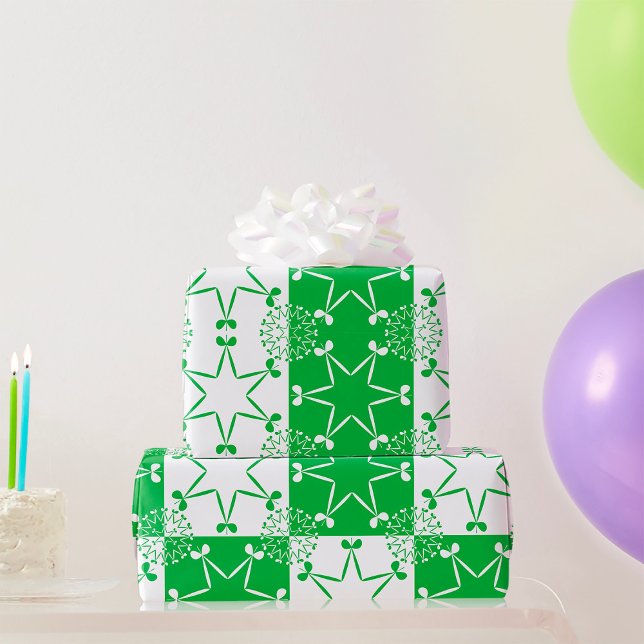 St Patricks Day Green Clover Star Geometric Wrapping Paper (Creator Uploaded)