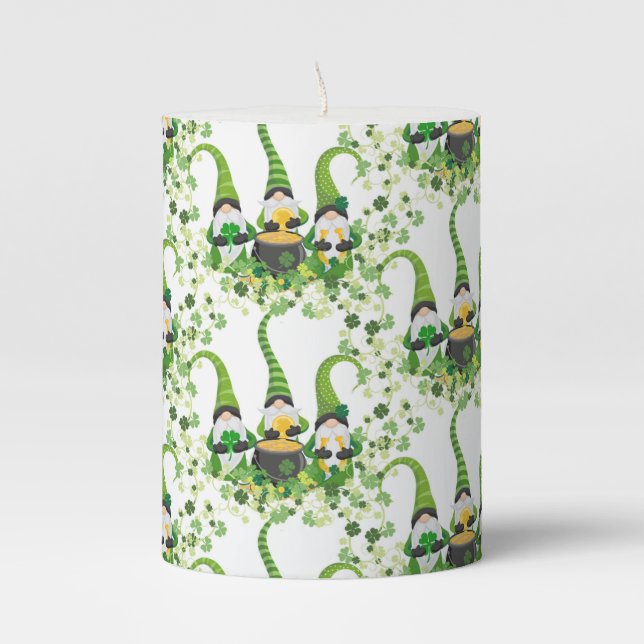 St Patricks Day Green Clovers Old Leprechaun Pillar Candle (Front)