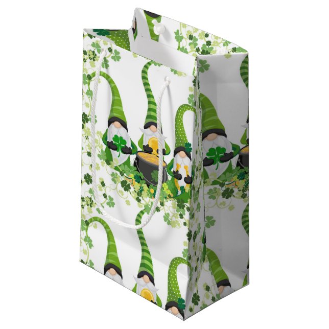 St Patricks Day Green Clovers Old Leprechaun Small Gift Bag (Front Angled)