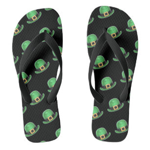 St Patrick's Day Green Derby Hat Pattern on Black Flip Flops