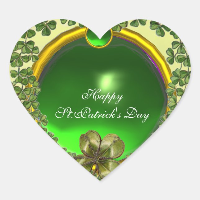 ST.PATRICK'S DAY GREEN EMERALD GEM SHAMROCK HEART STICKER (Front)